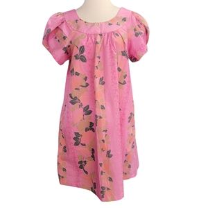 Vintage Blue Hawaiian Pink Floral Knee Length Cotton Dress Size S Cap Sleeve